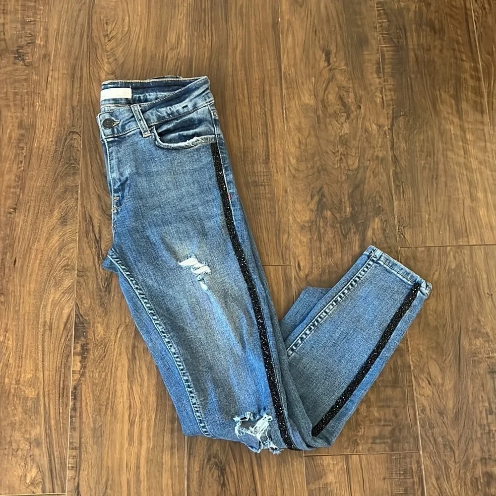 ZARA Z1975 Distressed Denim Jeans with Rhinestones Hem - Picture 12 of 12
